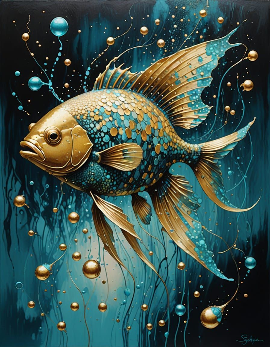 (siames fish:1.5), Bojan Jevtic and Ashley Wood, blue and turquoise dominant with delicate bubles of liquid gold, pointi...