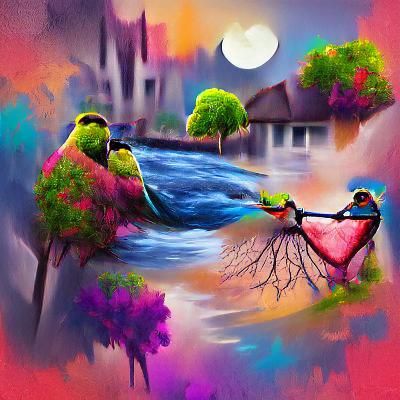 Romantic Lovebirds on Tree Swing: Acrylic Painting