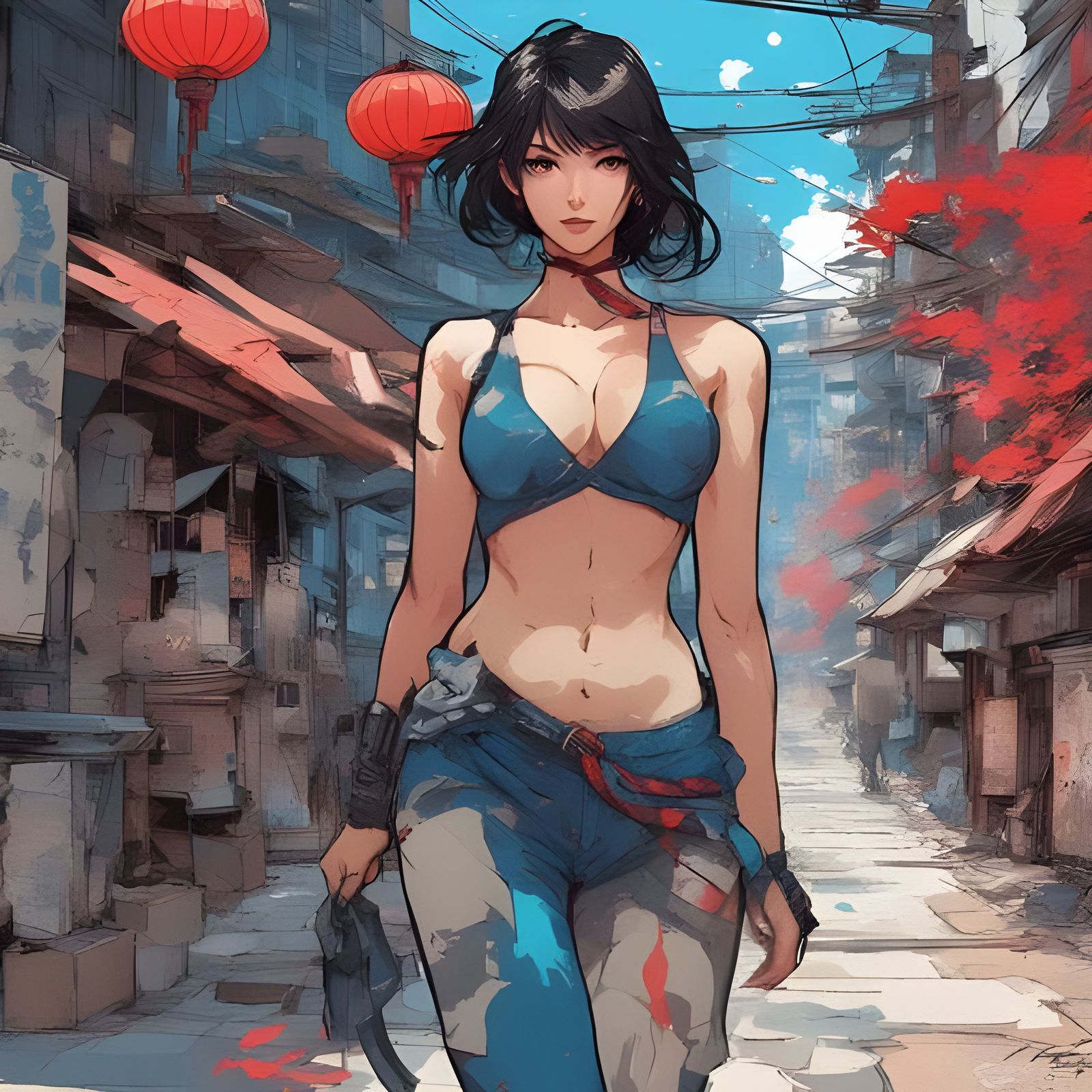 Beautiful Dark-Haired Woman Walking Down the Street