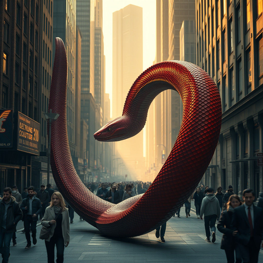 Colossal Crimson Serpent in Metropolis: Hyperrealistic Digit...