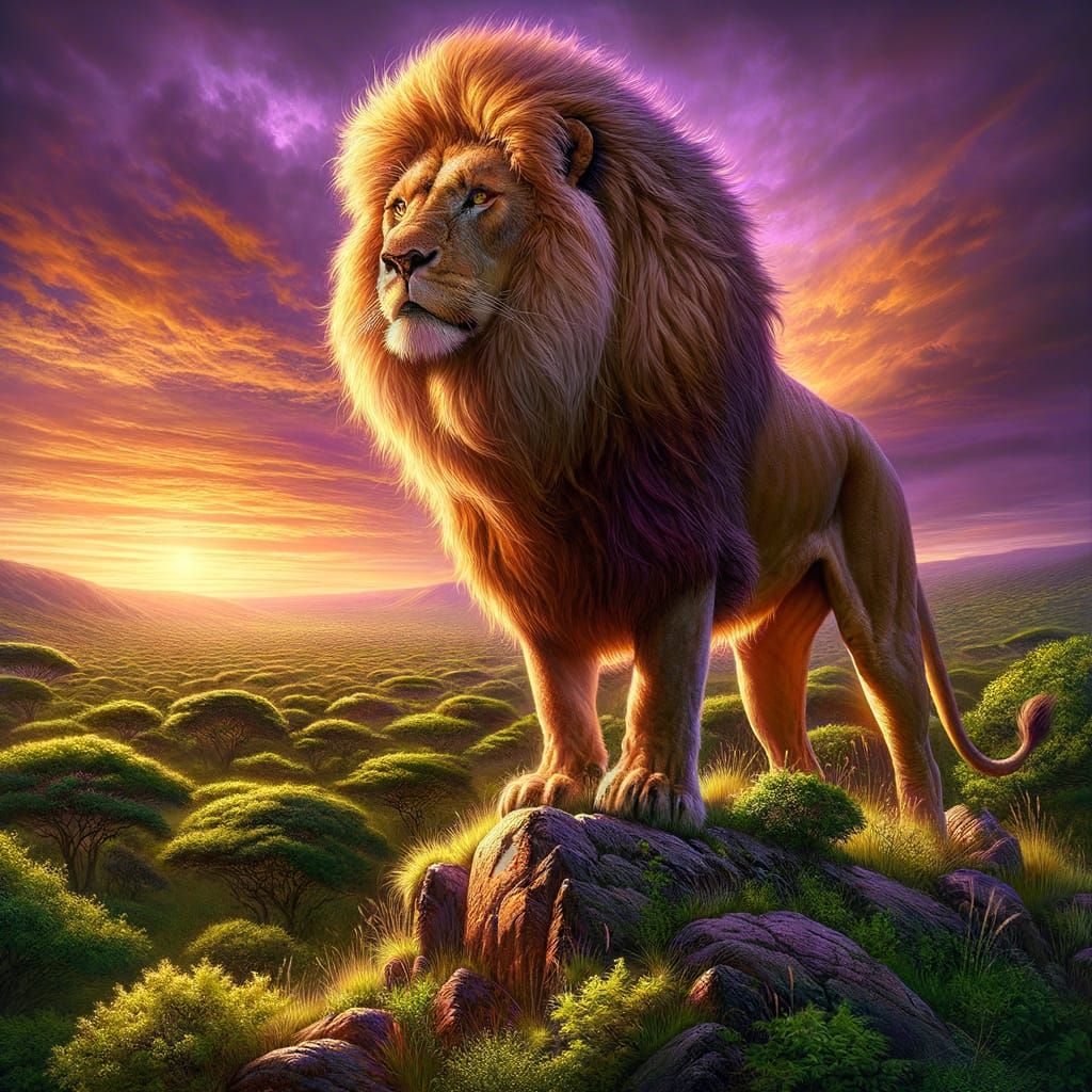 Majestic Lion Overlooking Savanna at Sunset