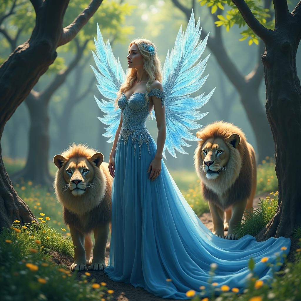 Woman with Lions and Blue Wings in Fantasy Art
