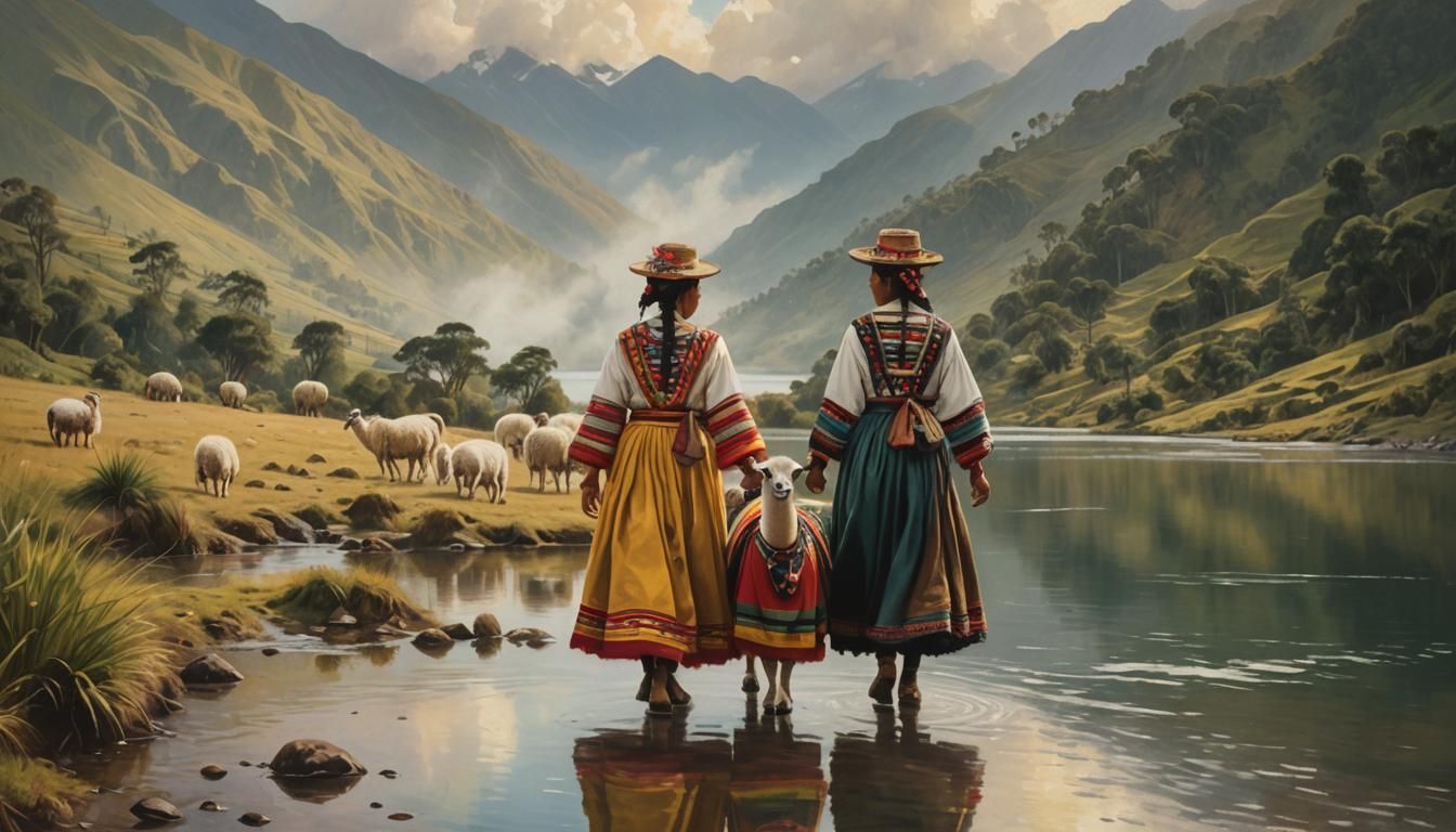 Andean Women by Mountain Lake: Oil Painting