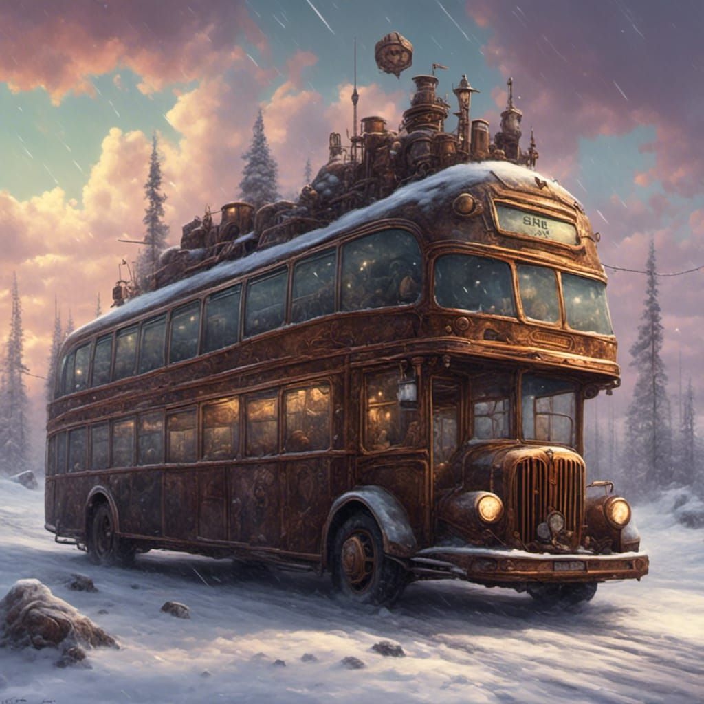 Steampunk Bus in Winter Snowscape
