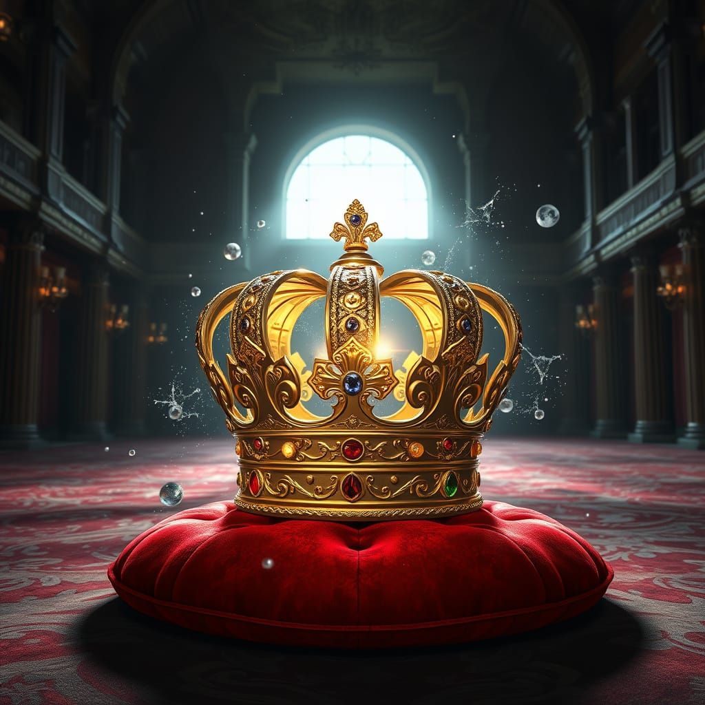 Glowing Jeweled Crown in Abandoned Ballroom