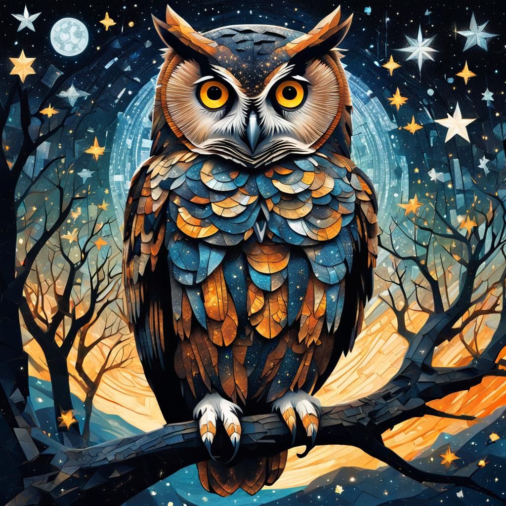 Starry Flammulated Owl Puzzle Collage in Surreal Style