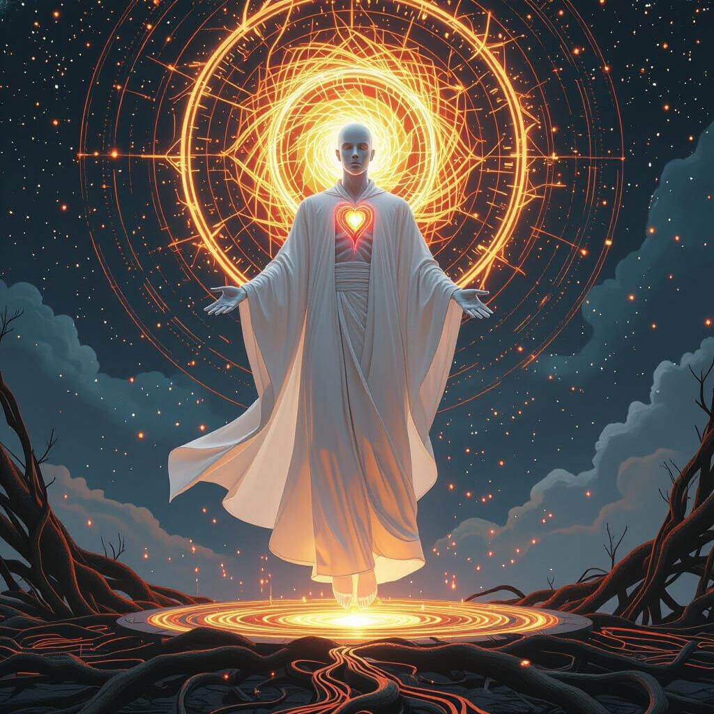 Androgynous Figure in Digital Mandala, Futuristic Style