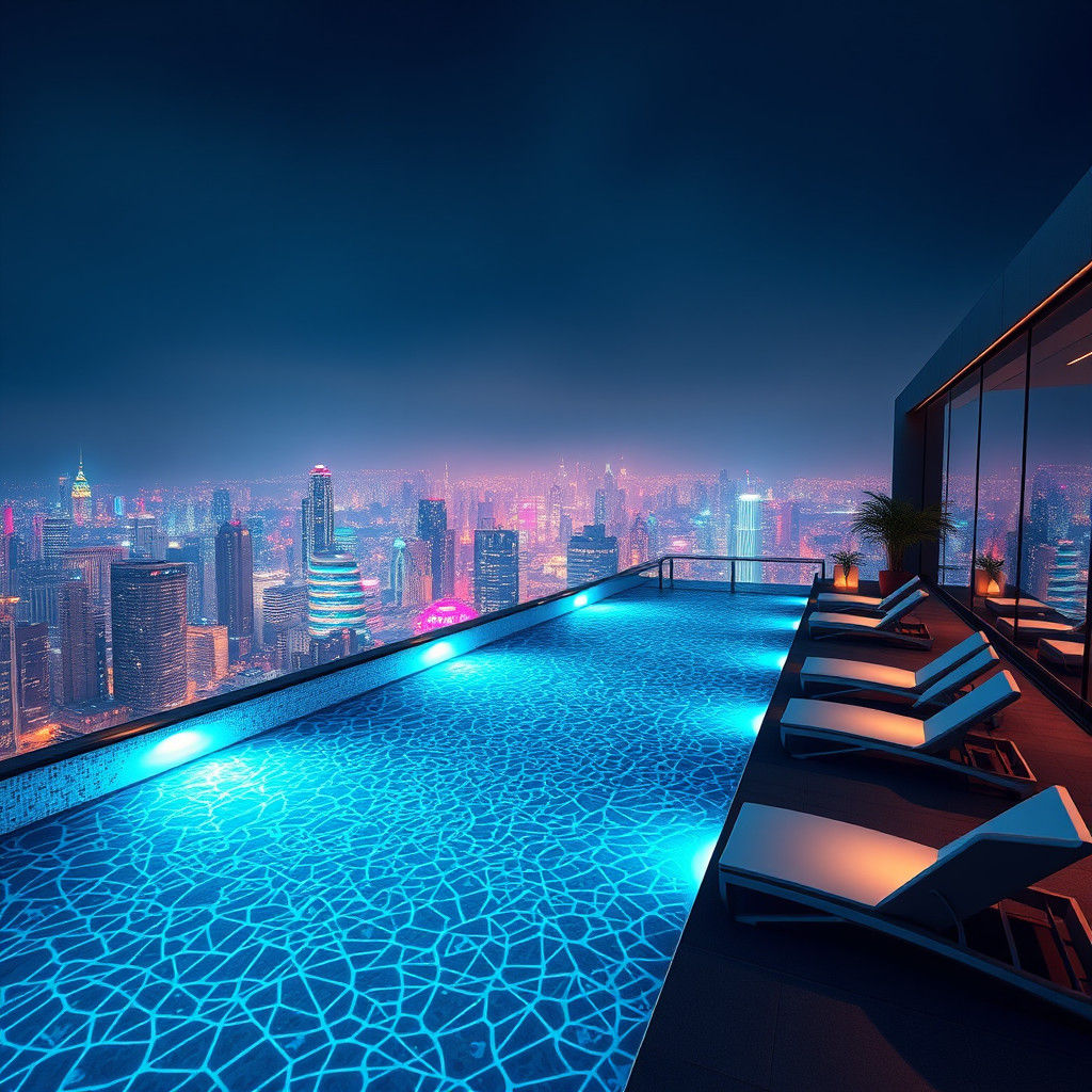 Rooftop Infinity Pool Reflecting Neon Cityscape