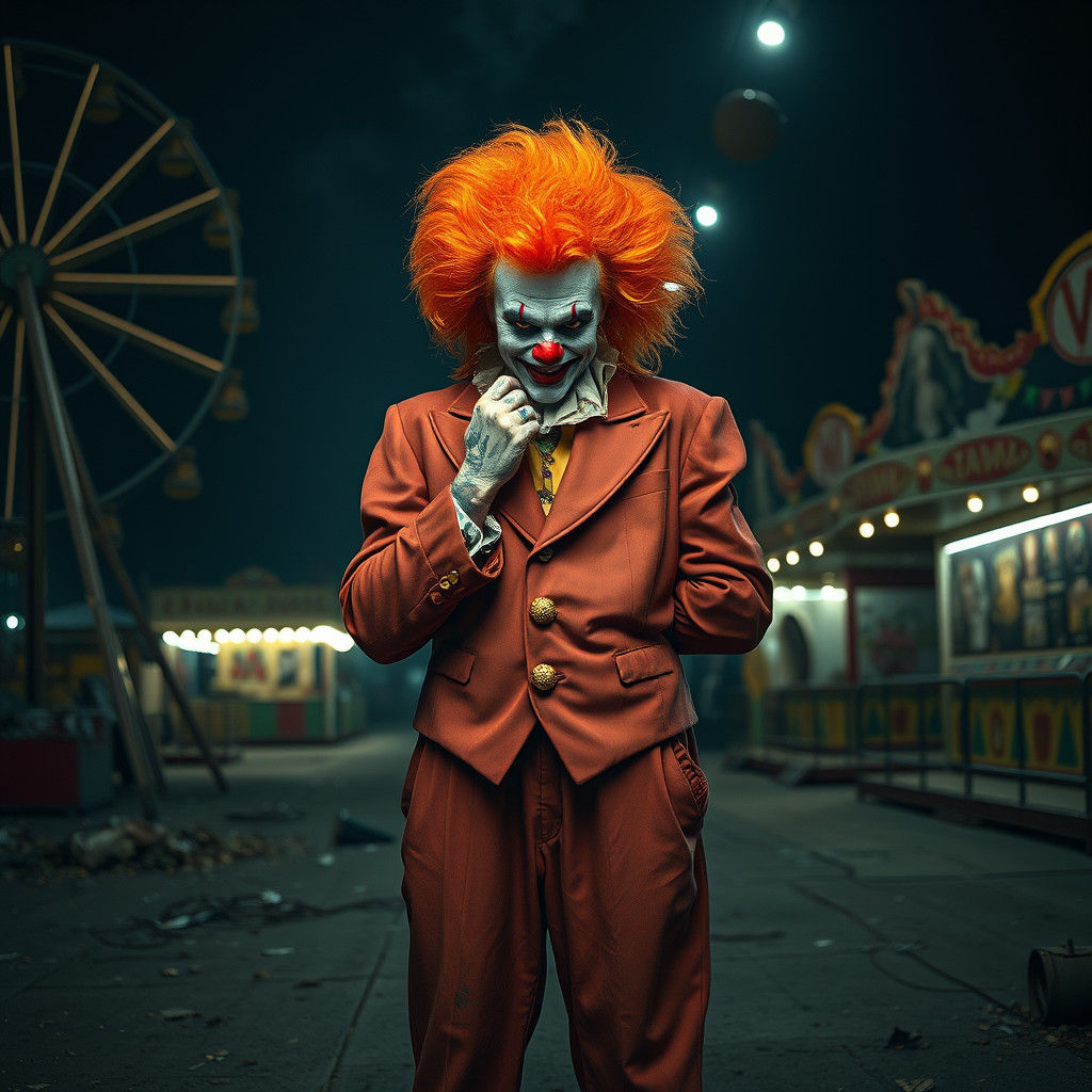 Haunting Clown in Abandoned Carnival, Hyperrealistic HDR