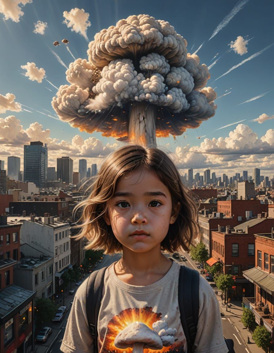 Mushroom Cloud With Girl's Face Over City in Oil Painting St...