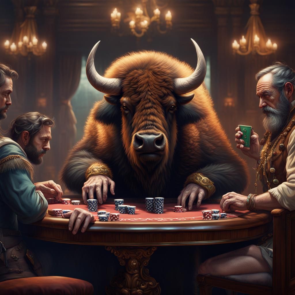 Bison Playing Poker in Detailed Matte Painting Style