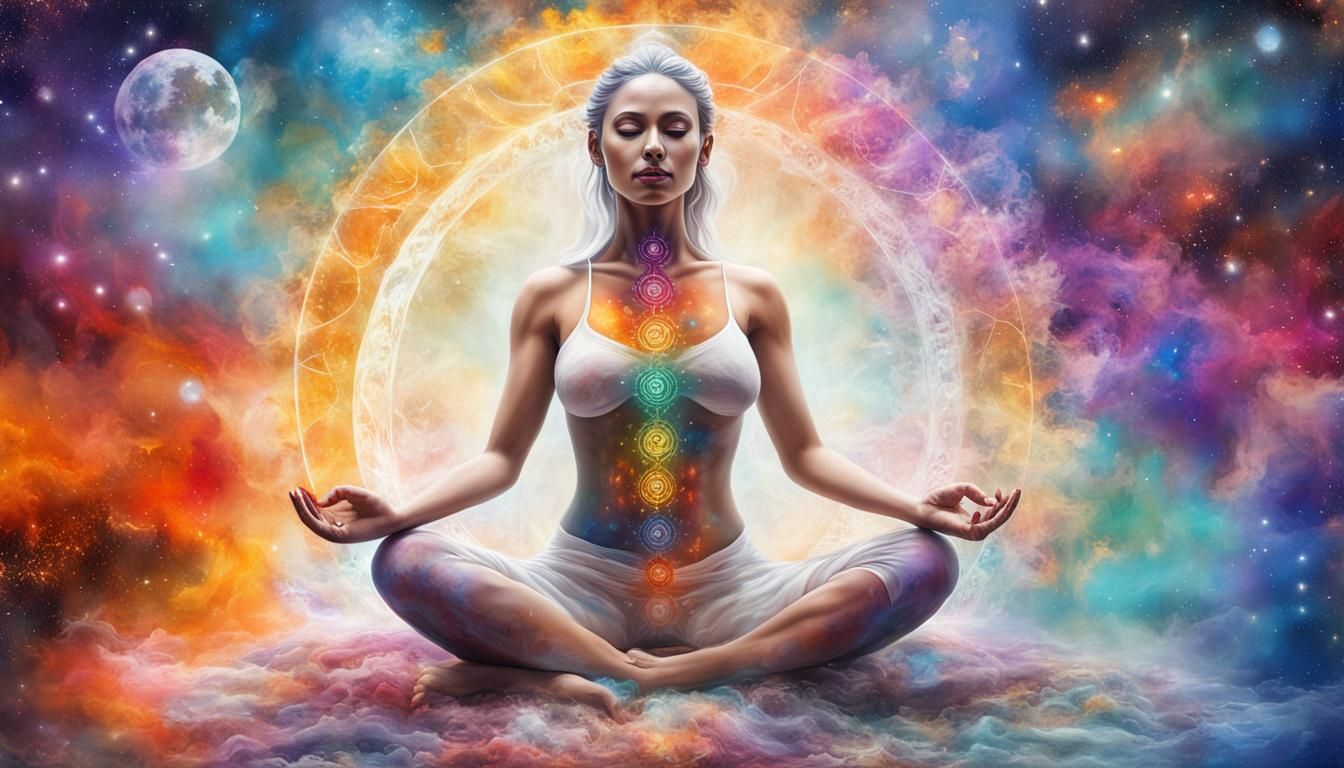 Goddess Meditating in Galaxy, Colorful Fantasy Art