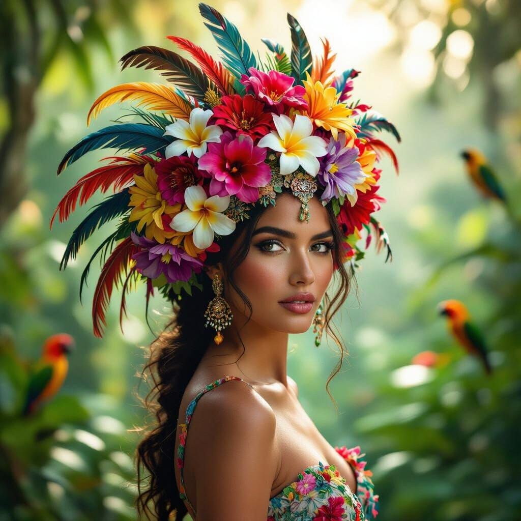 Exotic Headdress in Tropical Rainforest: Cinematic Portrait