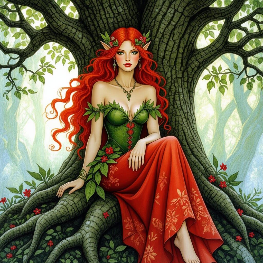 Enchanted Dryad in Forest, Elaborate Art Style