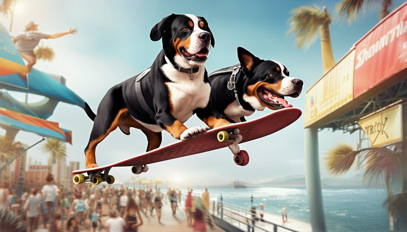 Dog Jumps Shark on Skateboard as Concept Art
