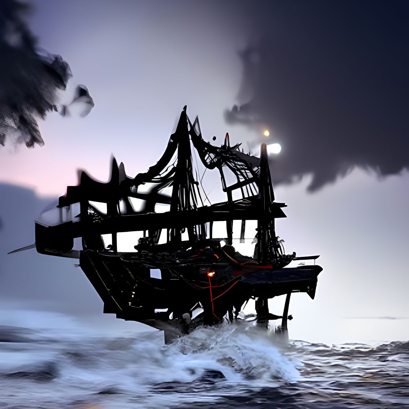 Abandoned Pirate Ship on Stormy Ocean at Night