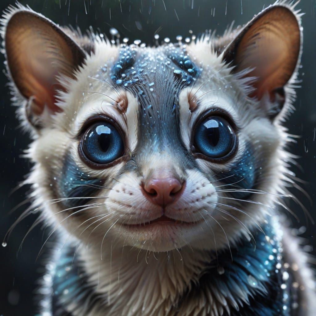 Surrealistic Blue Eyed Sugar Glider in Rainy Jungle