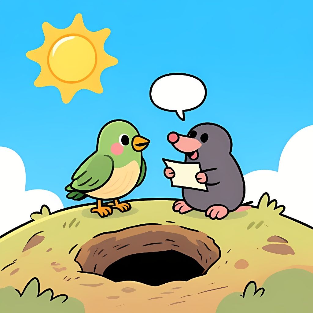 Cute Cartoon Bird and Mole Discussing Plans