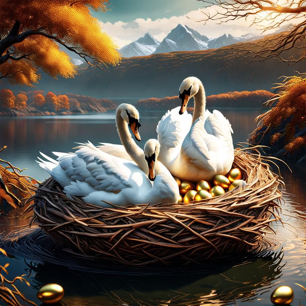 Swans Nesting on Golden Eggs by Lake