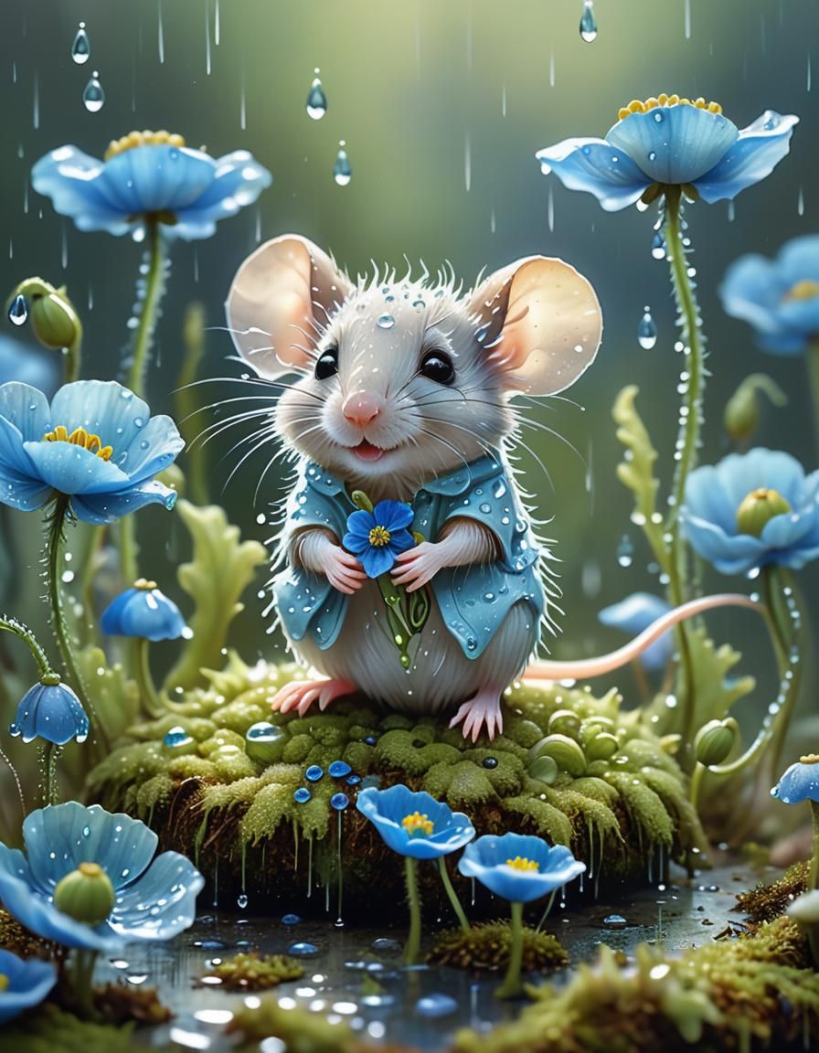 Mouse Under Poppy in Rainy Pastel Dreamscape