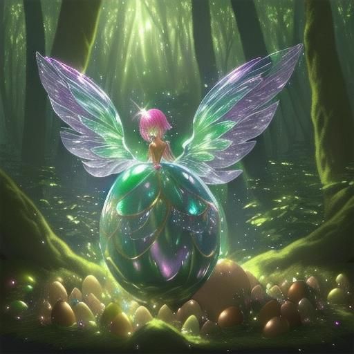 In a magical forest, a dream creature is hatching from its egg. Its iridescent wings shimmer and glow as it emerges, a b...