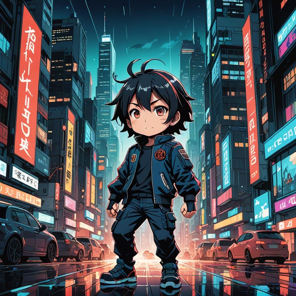 Chibi Futuristic Nyūdō in Vibrant Cityscape