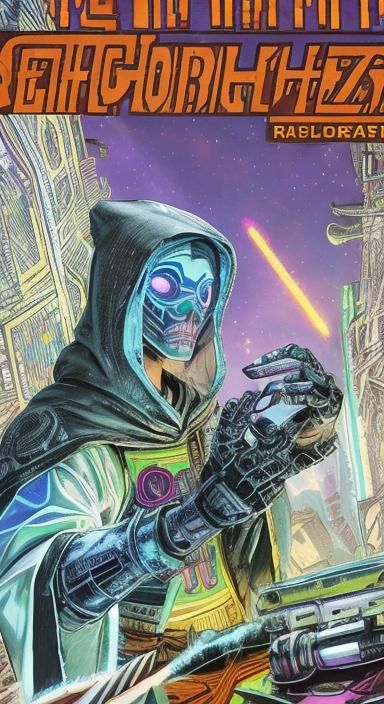 Cyberpunk Alchemist with Ghost Mask in Starry Galaxy