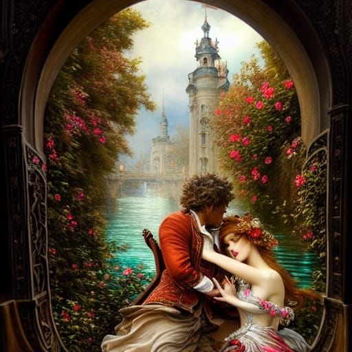 Romantic Couple in Tunnel of Love, Rococo Style