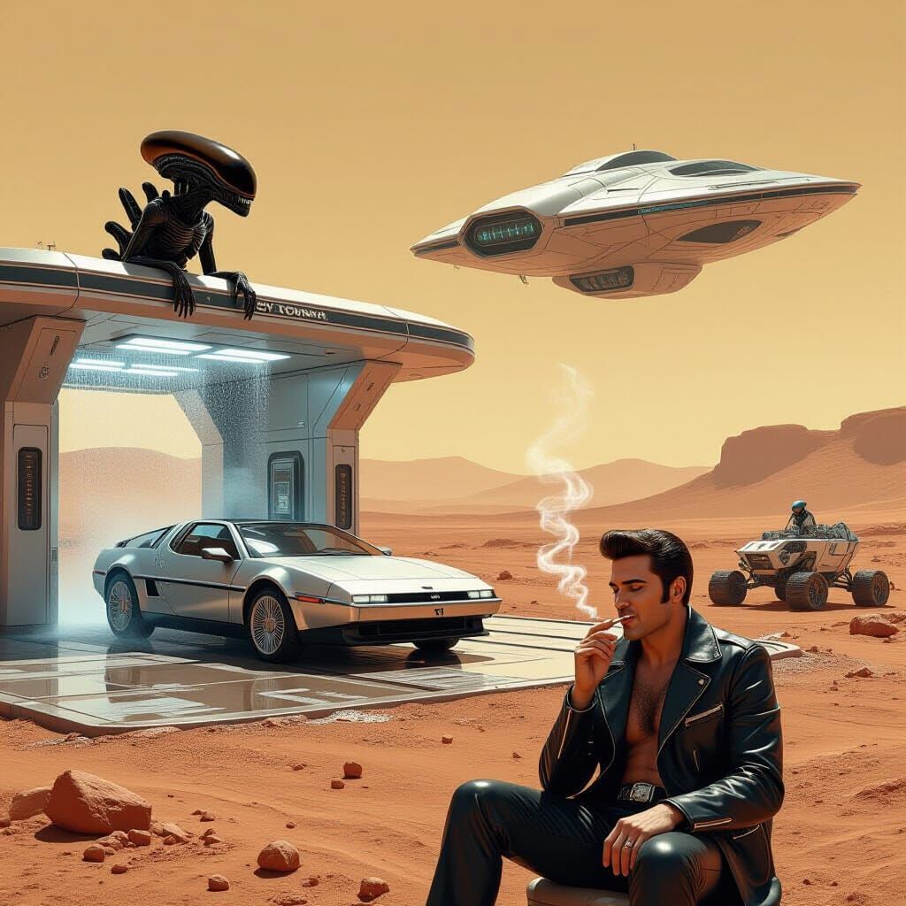 Futuristic Carwash on Mars with Alien Spaceship