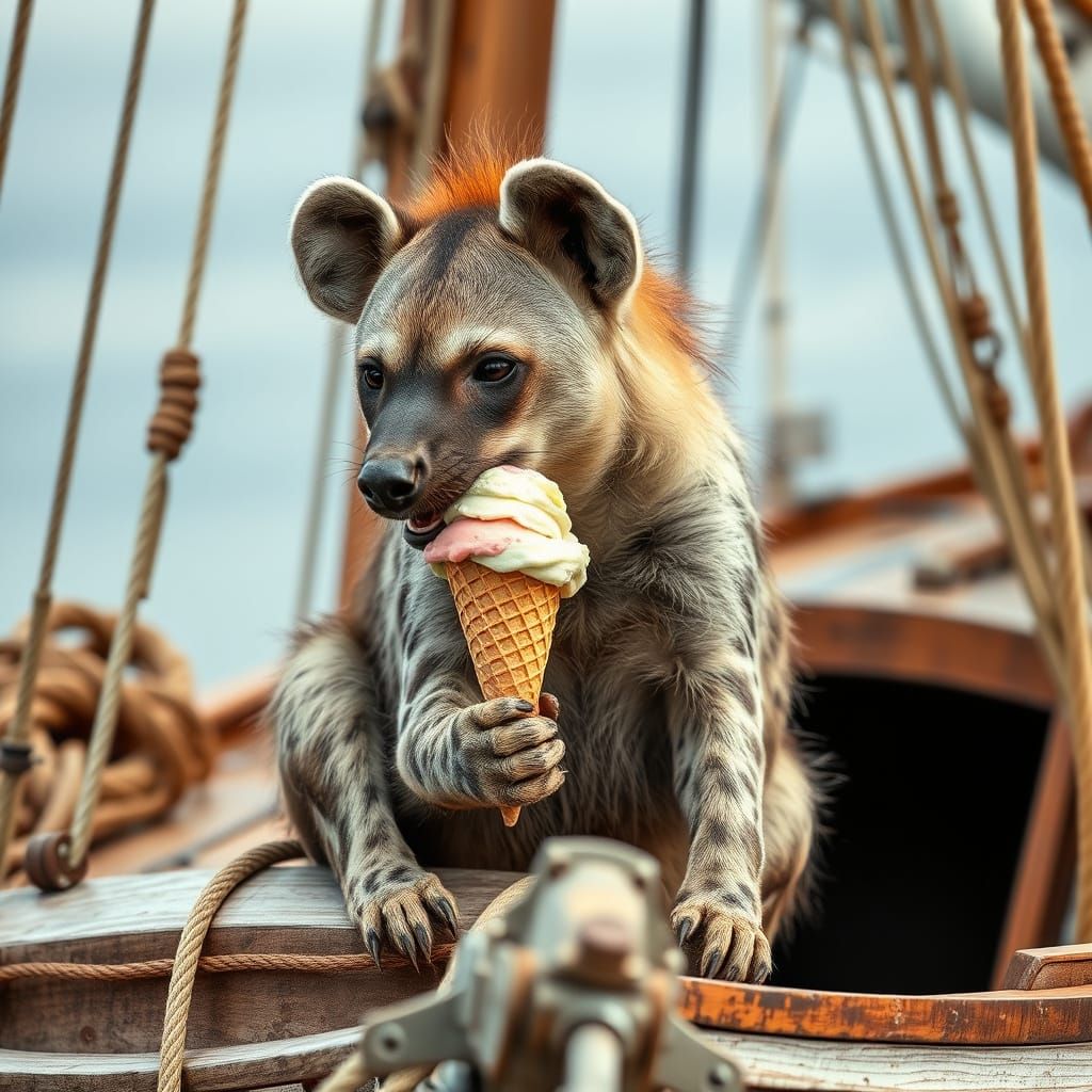 Hyena on a boat eating ice cream