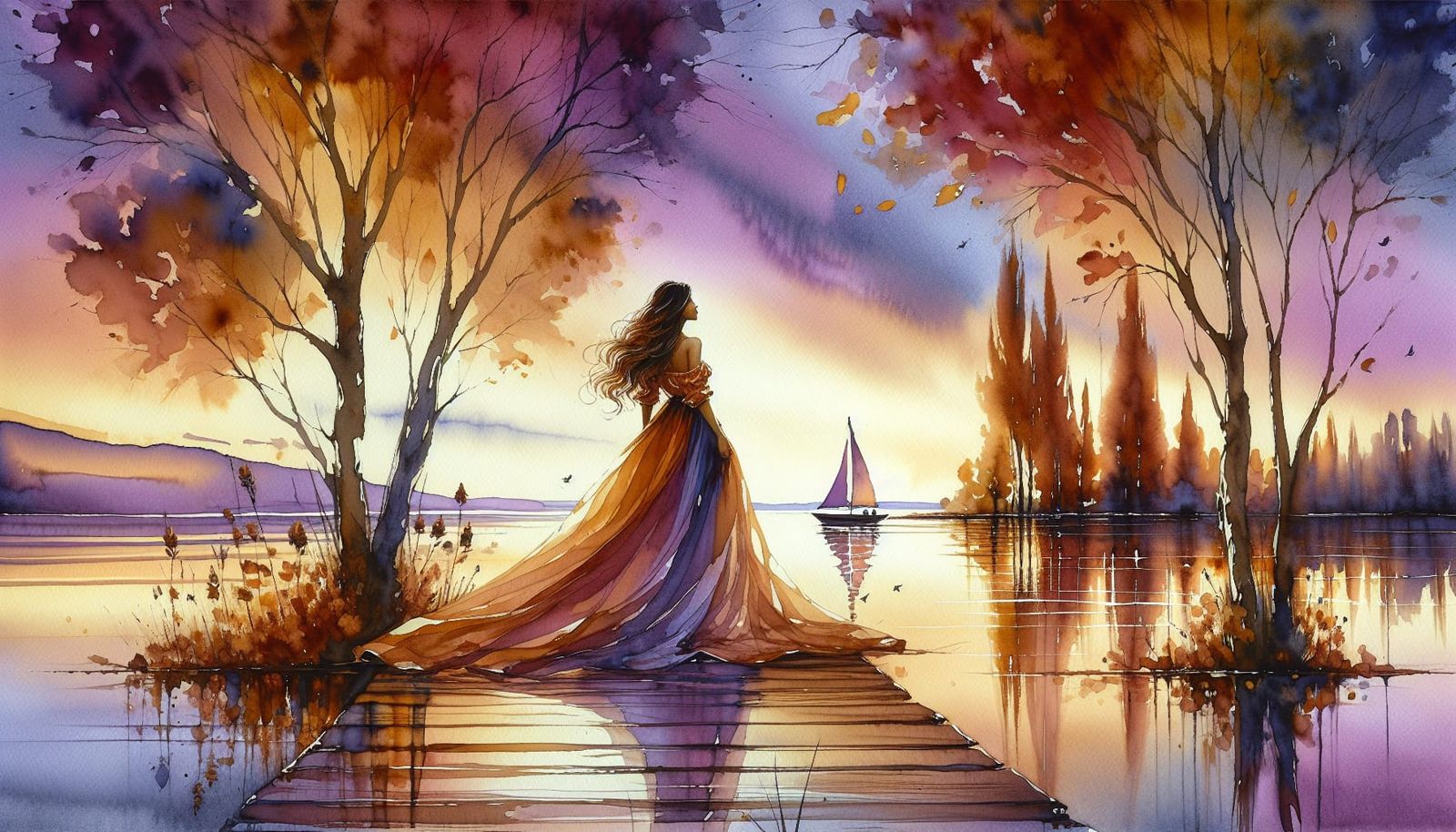 Woman on Pier Surrounded by Autumn Trees in Watercolor