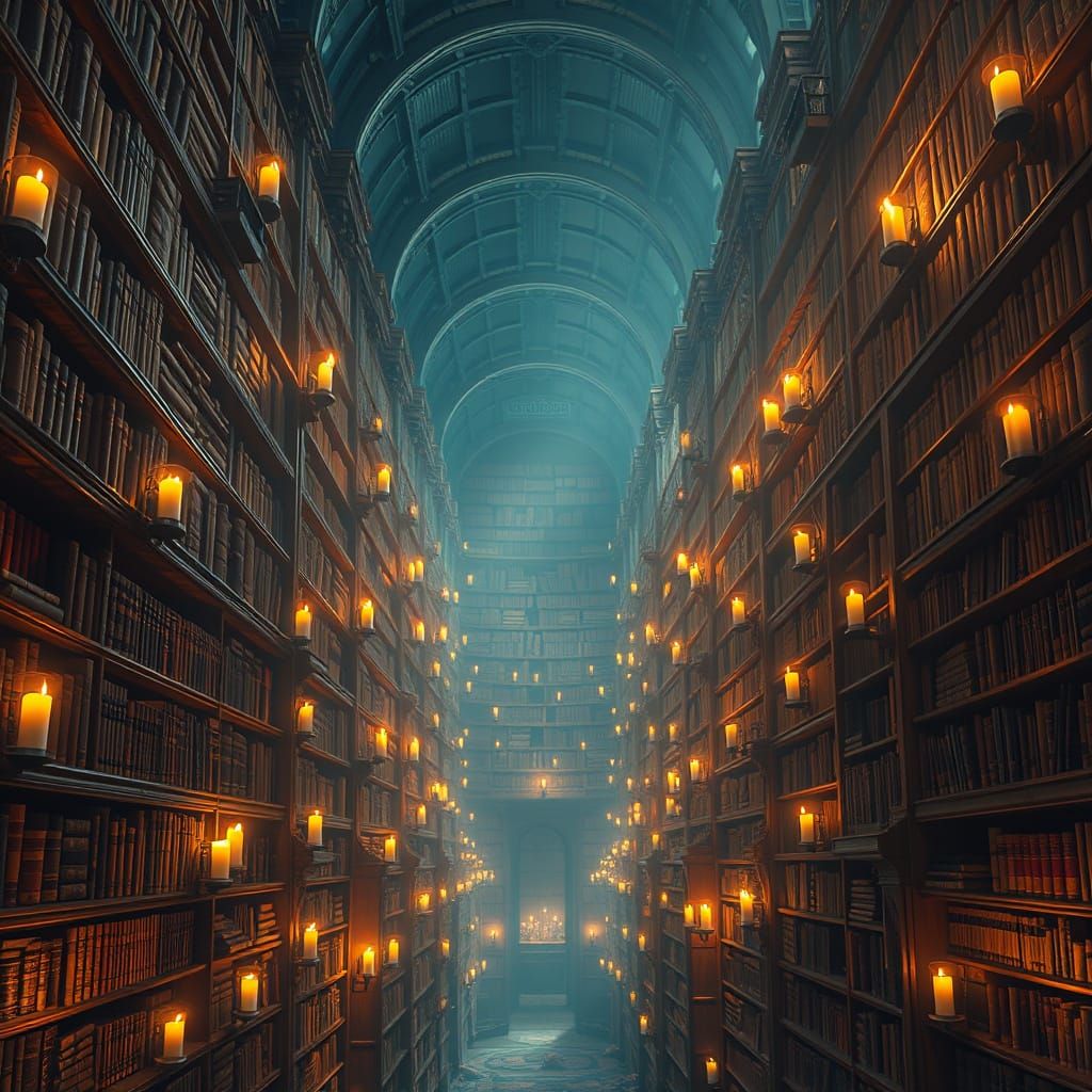 Ethereal Library of Ancient Tomes in Dreamlike Hyperrealism