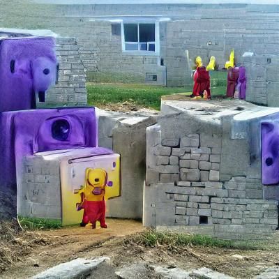 Teletubbies Meet Cinder Blocks: An AI-Generated Scene