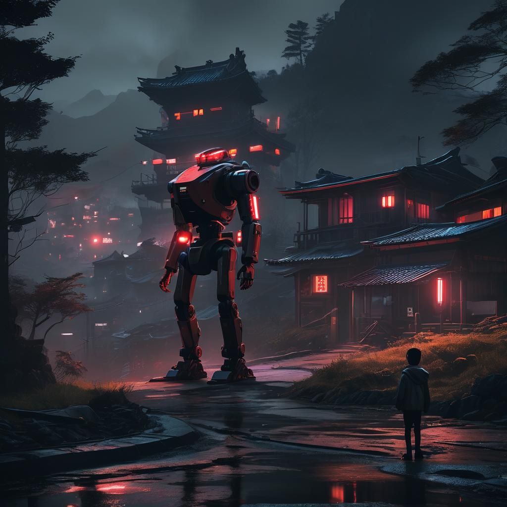Cyberpunk Village: Child and Robot at Night