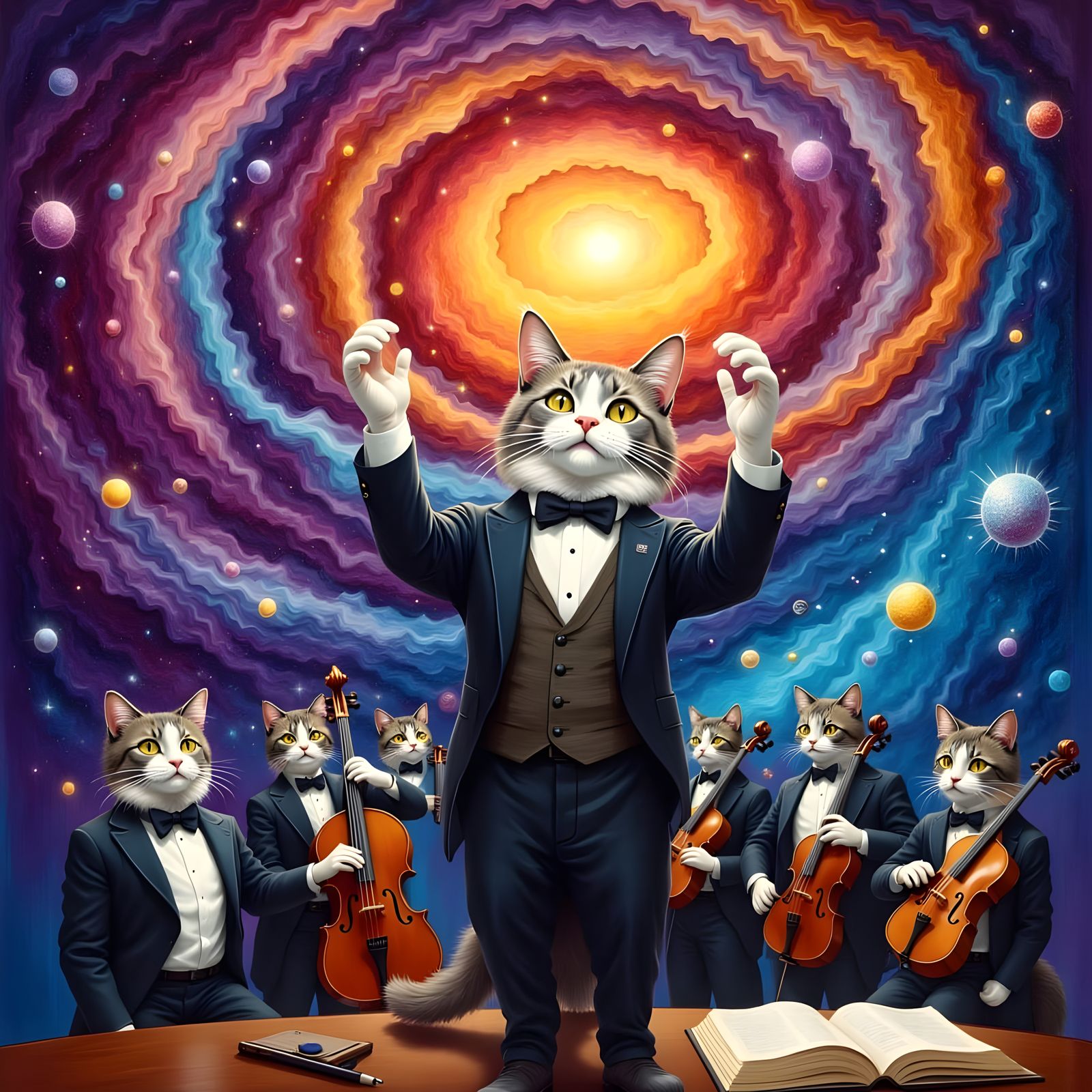 Whimsical Feline Maestro Conducts Vibrant Sonic Symphony