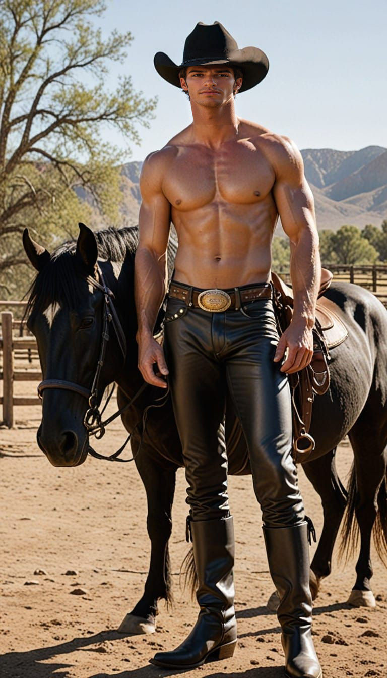 Chiseled Cowboy with Majestic Black Stallion