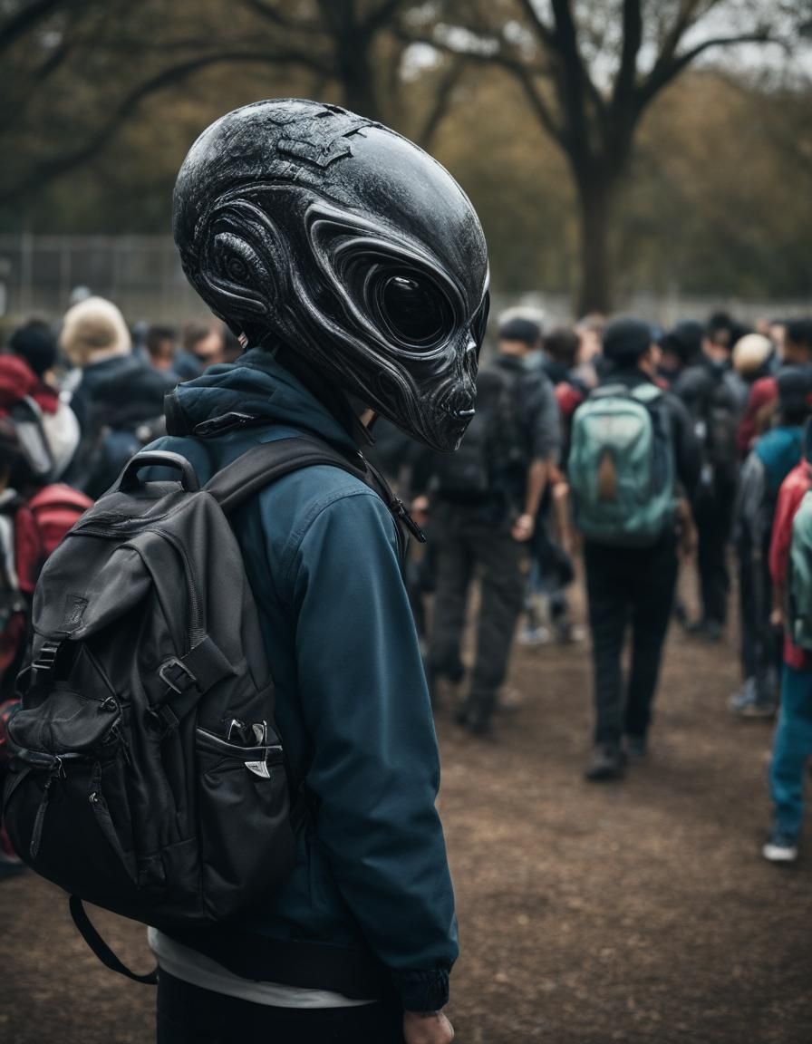 Alien Mask in School Playground: Surreal Photo