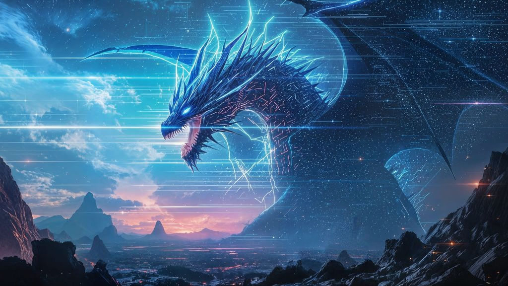 Cyberpunk Glitch Dragon Erupts from Fractured Reality