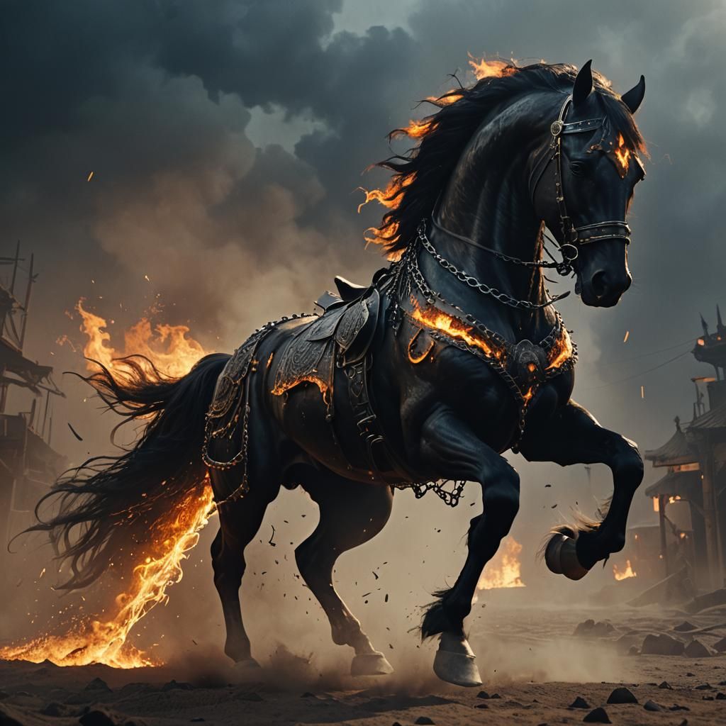 Armored Fire Horse in Apocalyptic Landscape