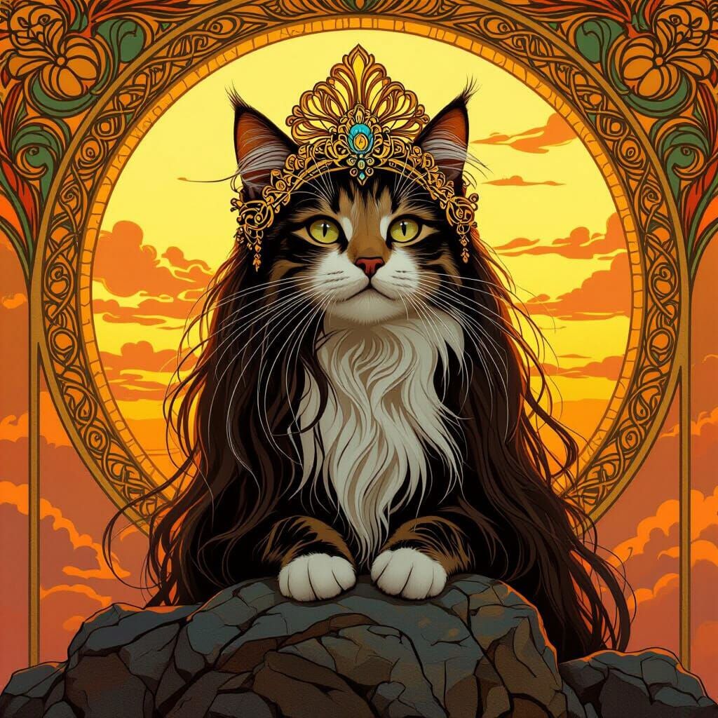 Elegant Cat Queen in Art Nouveau Style