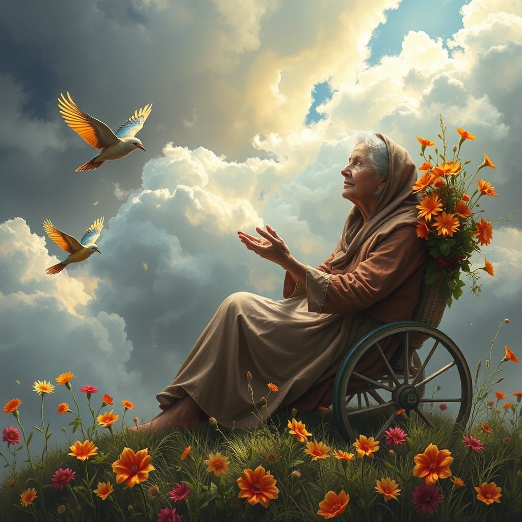 Ethereal Lady Knits Amidst Clouds and Colorful Birds