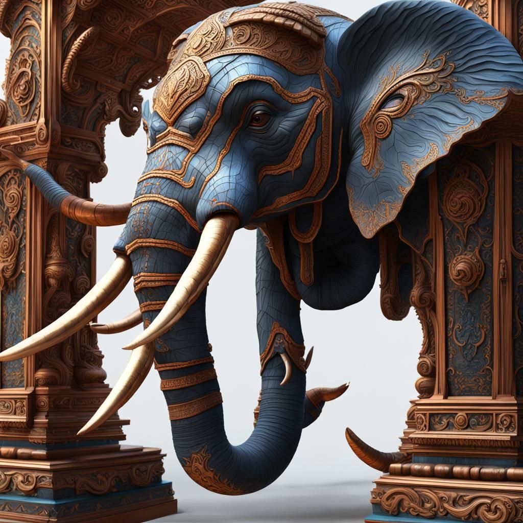 Detailed Wood Sculpture of Elephant Head