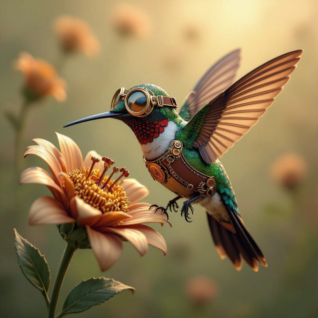 Steampunk Hummingbird with Gear Flower in Victorian Style