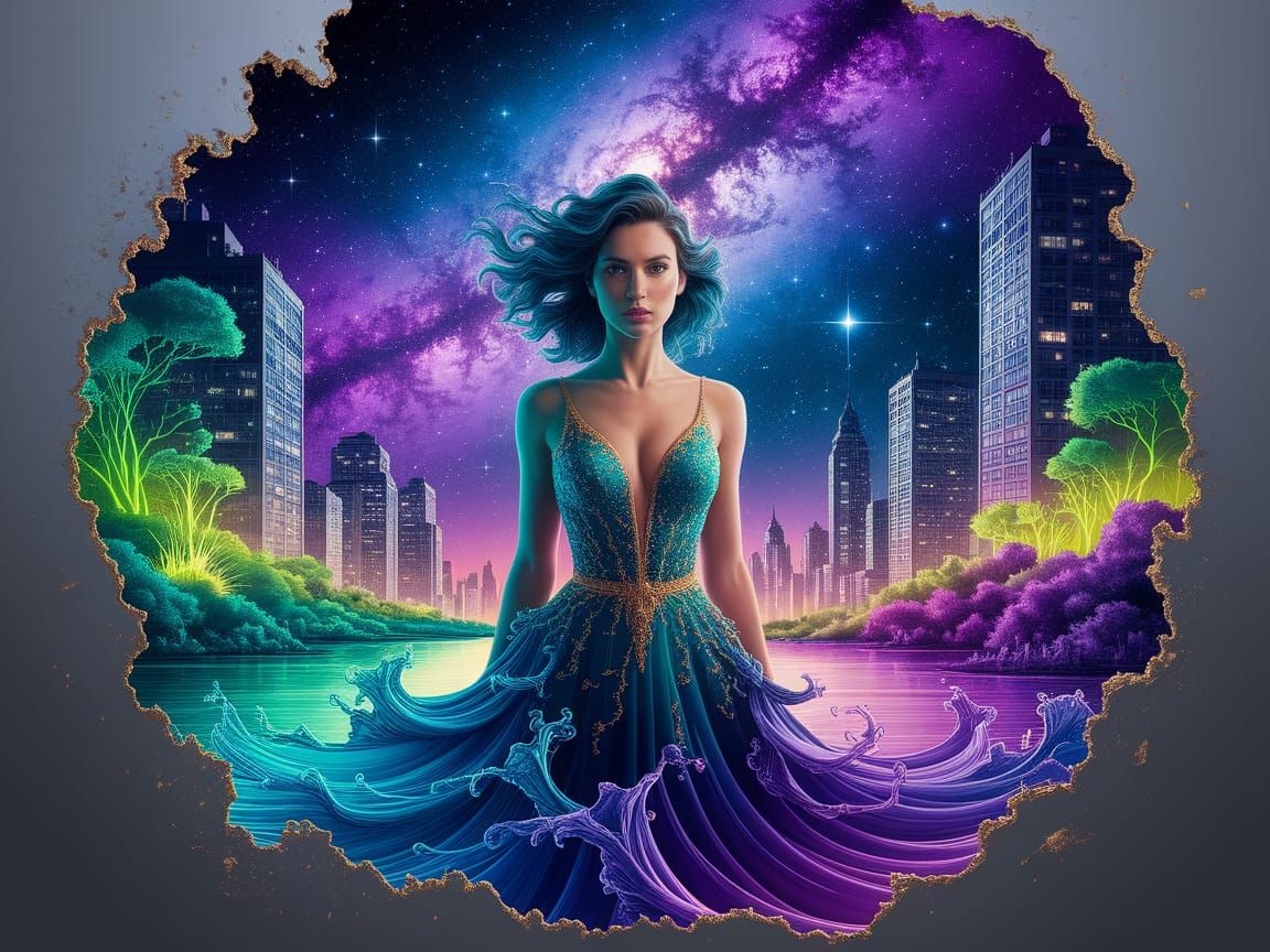 Woman in Liquid Sapphire Dress with Gold Accents