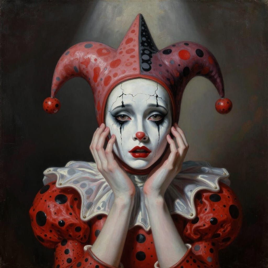 Despairing Jester with Cracked Porcelain Face in Dramatic Li...