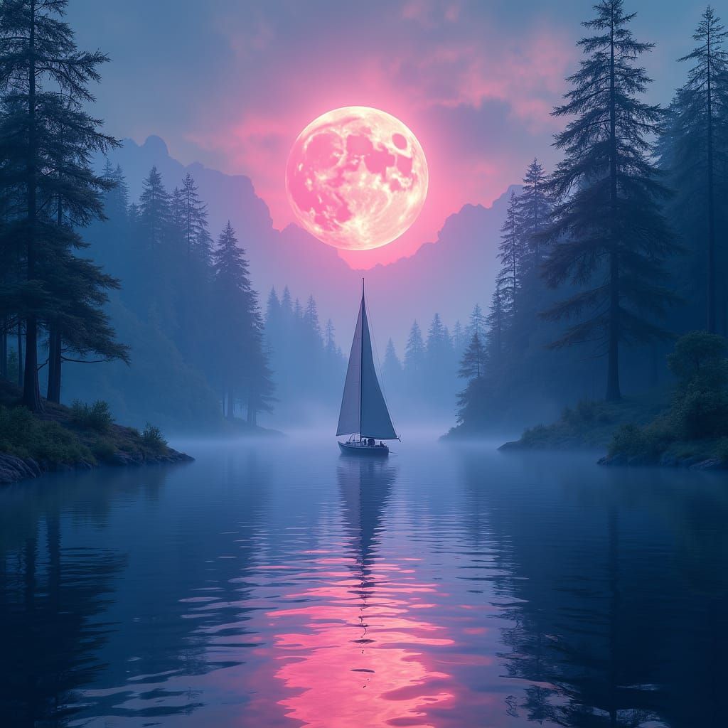Ethereal Sailboat on Iridescent Lake in Matte Painting Style