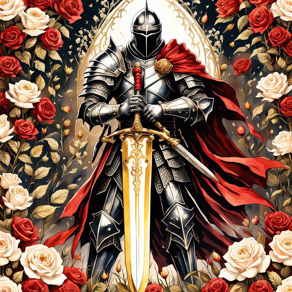 Gothic Knight in Rose Field, Watercolor Art