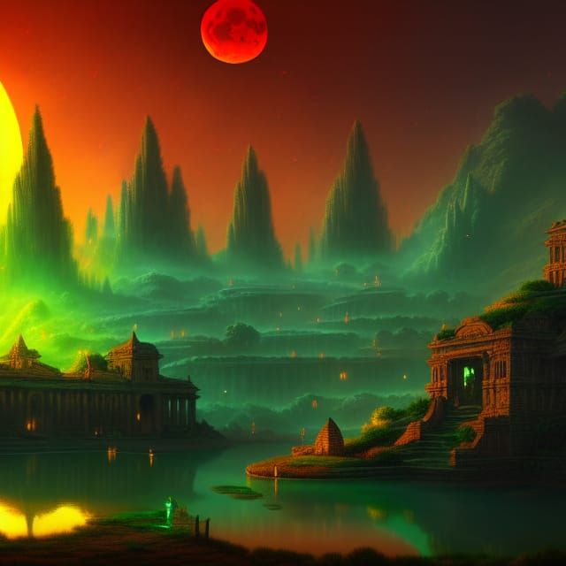 Glowing Ancient City at Sunset: Fantasy Matte Painting