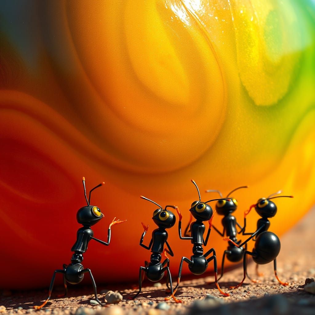 Little Ants Marvel at Colossal Fruit in Intricately Detailed...