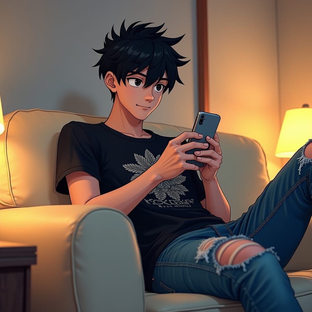 Handsome Anime Man on Couch with Smartphone